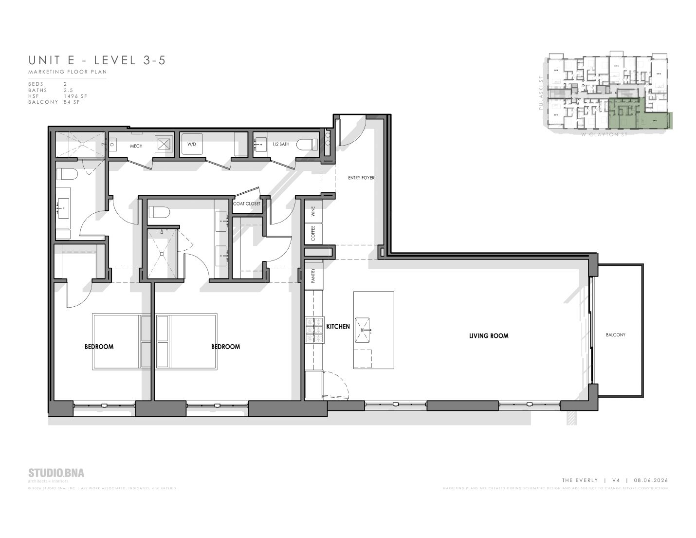 Unit E floor plan for levels three through five