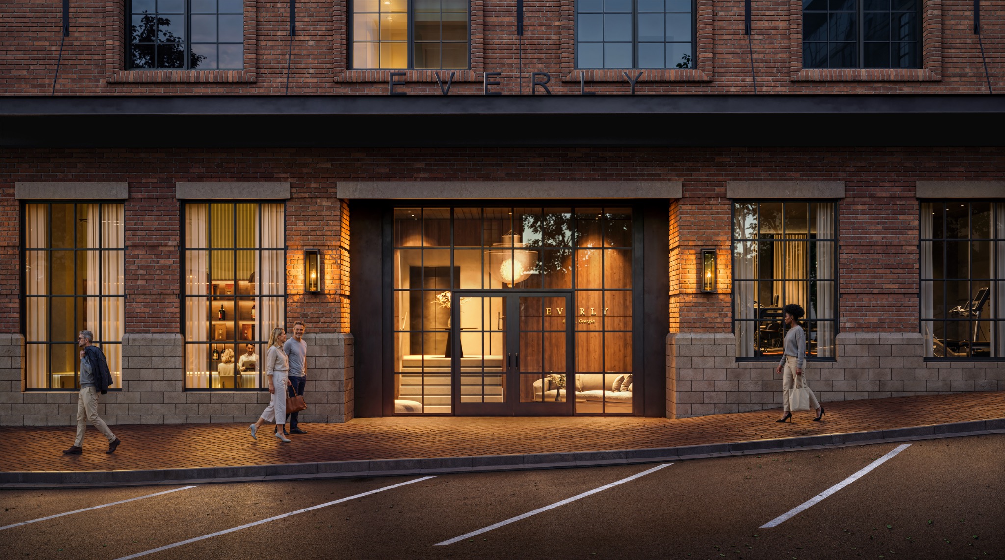 The Everly residential entrance at dusk