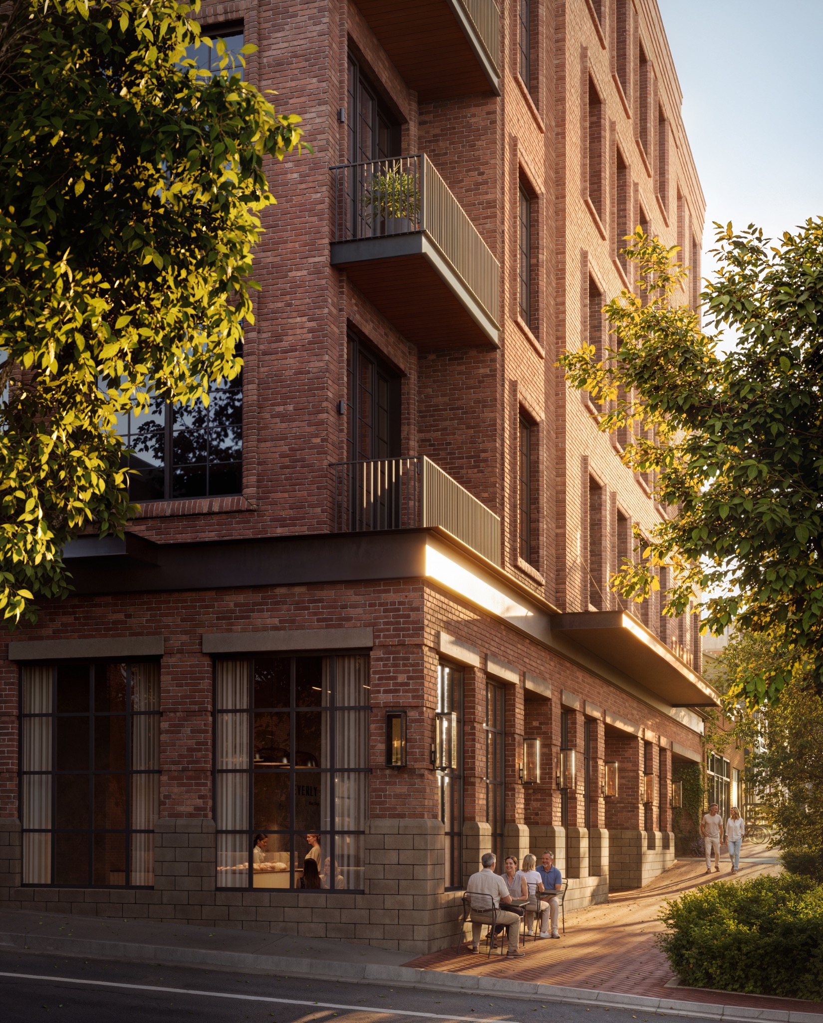 Detailed view of The Everly’s brick architecture and balconies