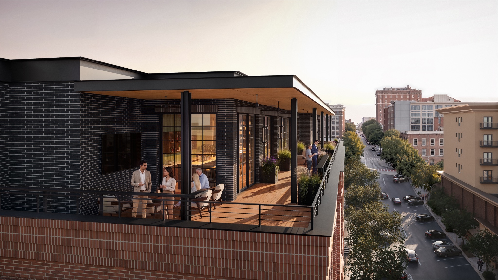 Rooftop terrace at The Everly looking across Downtown Athens